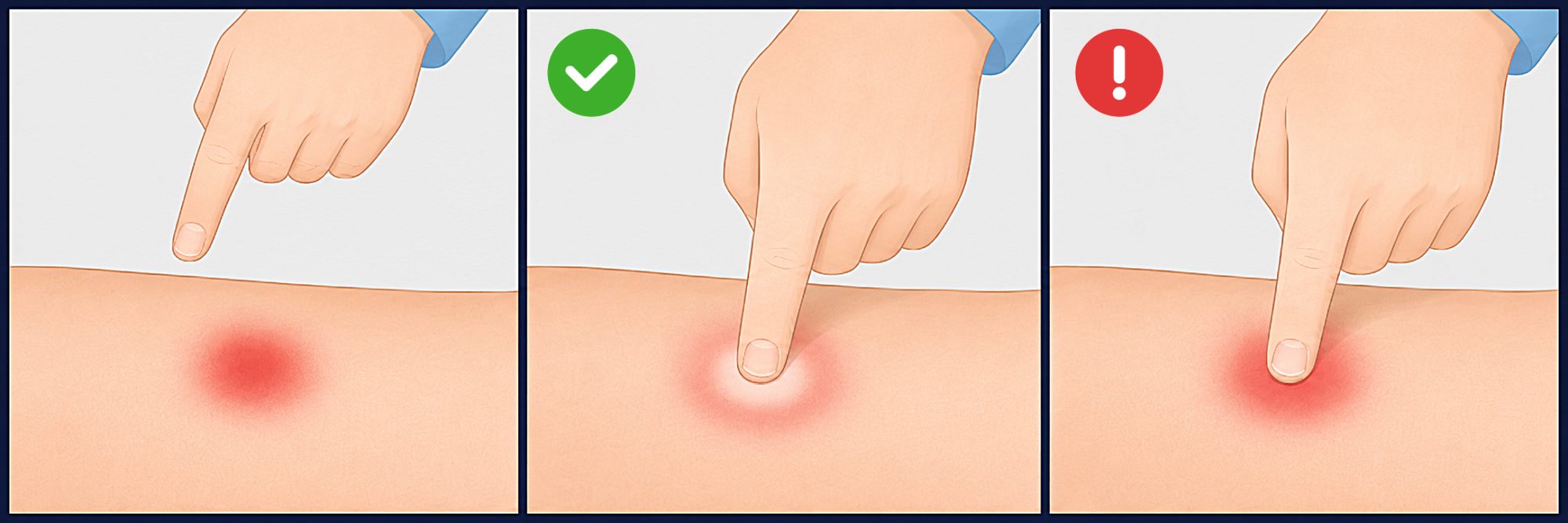 Fingertest in drei Schritten: gerötete Hautstelle, beim Drücken wird die Haut weiß (Durchblutung vorhanden), die Rötung bleibt (Warnzeichen für einen Dekubitus)