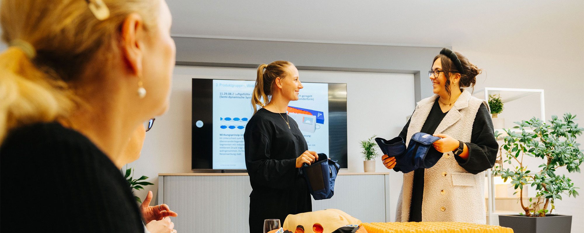 Carenetic employees presenting anti-decubitus aids during a training session
